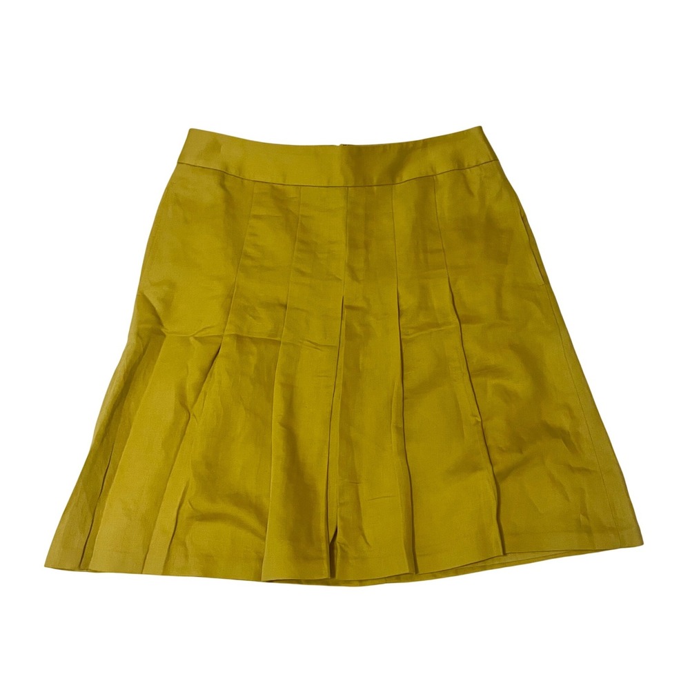 Banana Republic Chartreuse Pleated Skirt Size 10 Linen Blend Knee Length - Picture 2 of 8